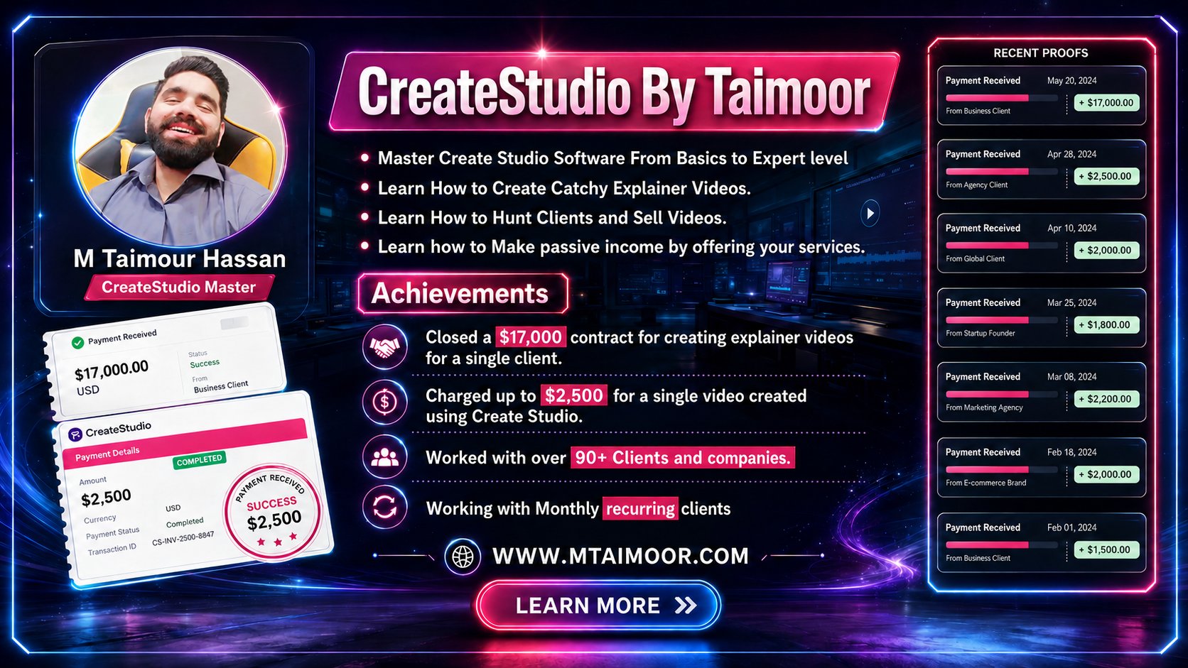 M Taimoor Hassan — CreateStudio coach. Achievements: closed a $17,000 explainer video contract, charged up to $2,500 per video, worked with 90+ clients and companies, monthly recurring clients. Shown with client payment records.