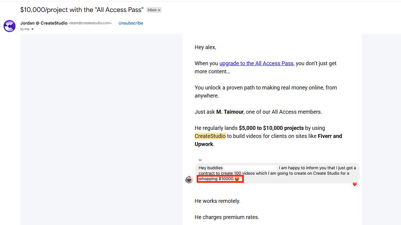 Official CreateStudio marketing email highlighting M Taimour landing $5,000 to $10,000 video projects on Fiverr and Upwork, including a $10,000 contract for 100 videos