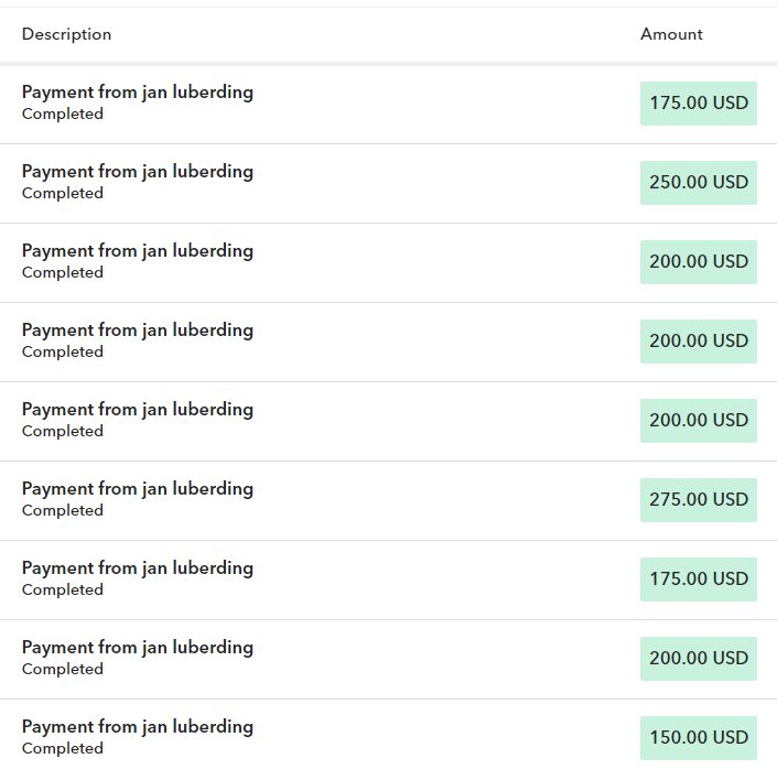 Payment history showing nine completed payments of $150 to $275 from another recurring client