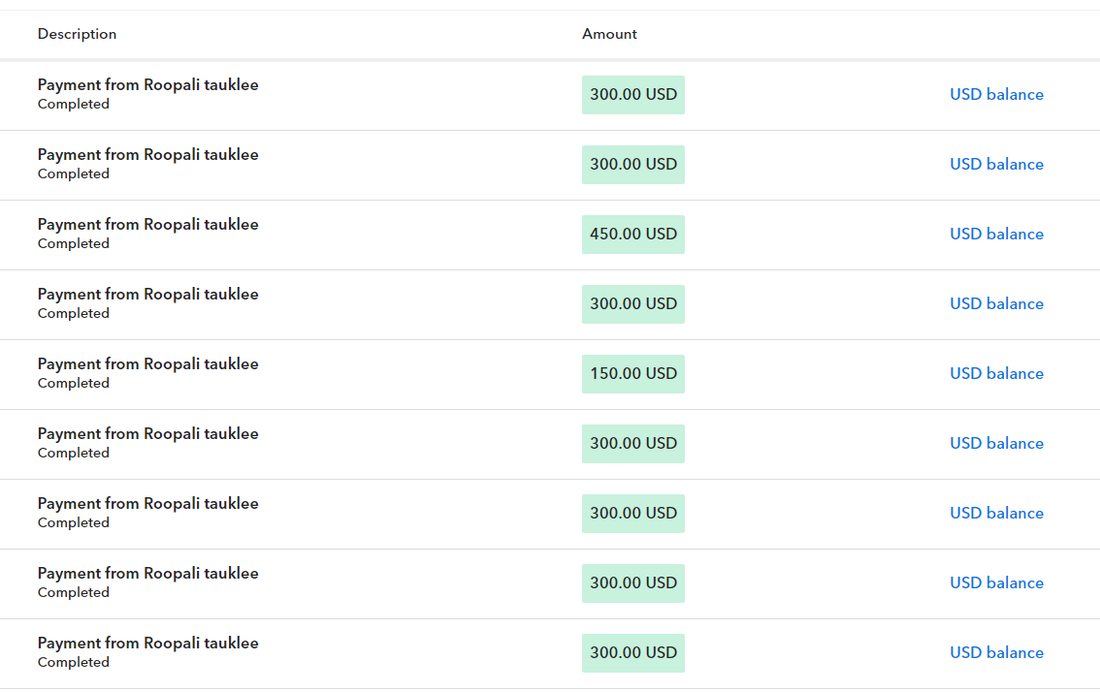 Payment history showing nine completed payments of $150 to $450 from a single recurring client