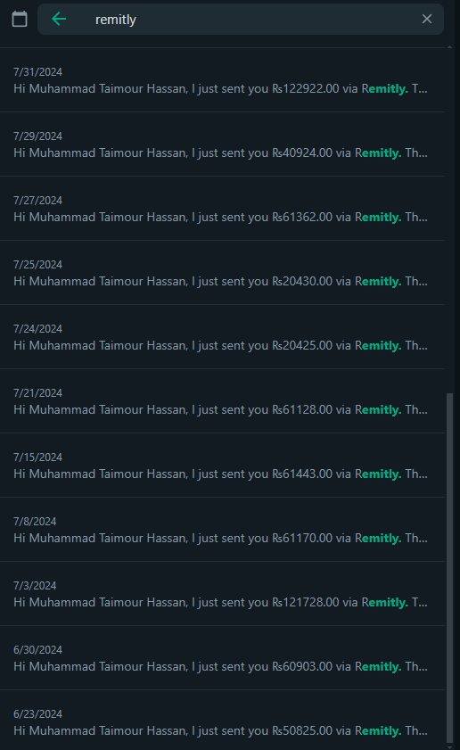Remitly transfer notifications from June and July 2024 — eleven payments to Muhammad Taimour Hassan ranging from Rs20,425 to Rs122,922