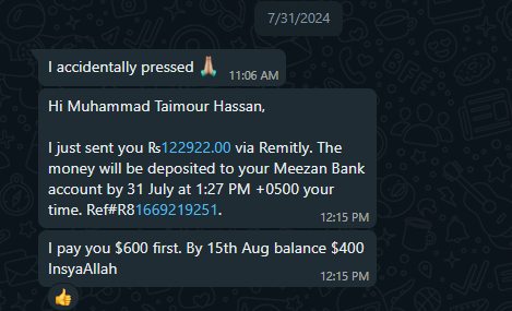 WhatsApp conversation confirming a Rs122,922 Remitly transfer to Meezan Bank, with the client arranging the next $400 payment