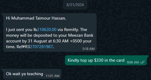WhatsApp conversation confirming a Rs210,620 Remitly transfer to Meezan Bank