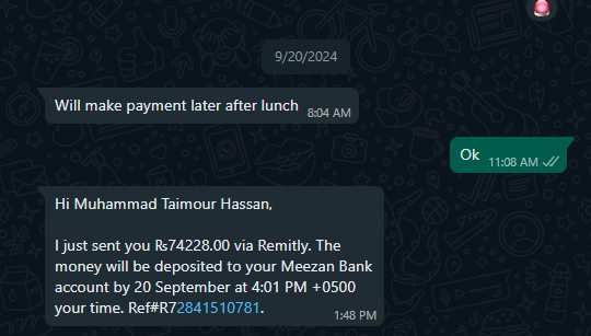 WhatsApp conversation where a client confirms sending Rs74,228 via Remitly after lunch, as promised